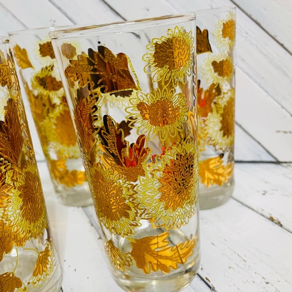 Set of 4 Vintage Mid Center Modern Pokee Yellow 22K Gold Chrysanthemum glasses - Picture 6 of 8